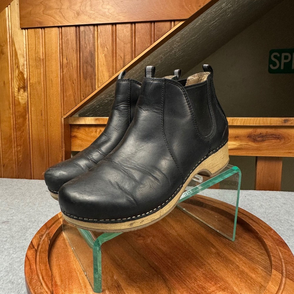 Dansko Black Leather Chelsea Ankle Boots Wood Grain Platform Wedge Womens 38 - Picture 6 of 15